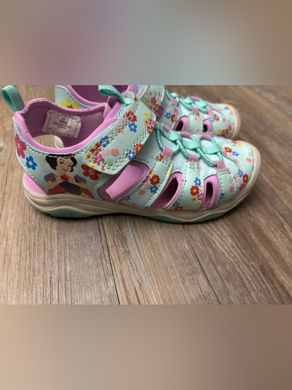 Disney Girls Aqua Floral Closed-Toe Sandals with Pink Accents